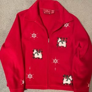 Women’s size L fleece jacket. Red with snowflake and Scotty dogs appliqués
